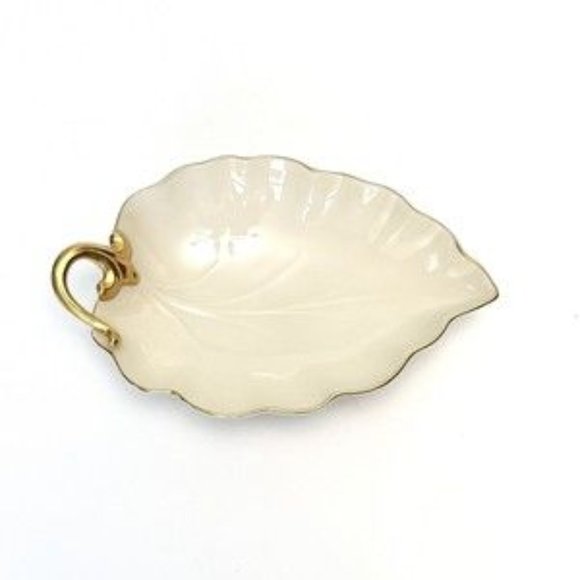 Vintage Lenox Leaf Shaped Candy Dish Fine China Cream And Gold Painted Rim USA - Picture 3 of 5